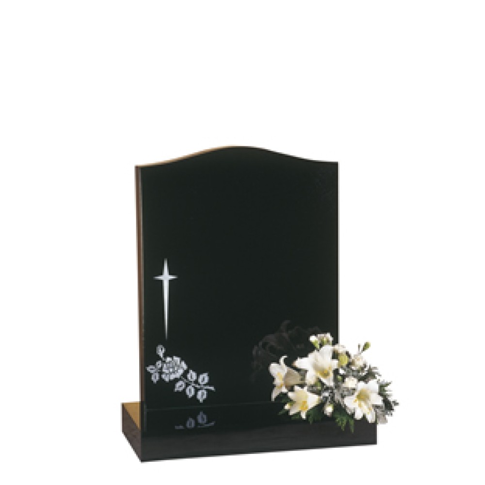 EC31 Black Granite ogee headstone with a star cross and rose design. EC31 Black Granite ogee headstone with a star cross and rose design.