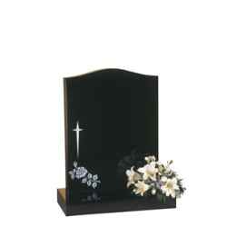 EC31 Black Granite ogee headstone with a star cross and rose design.