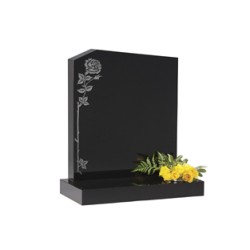 EC34 Black Granite headstone with an offset peon top and single rose design.