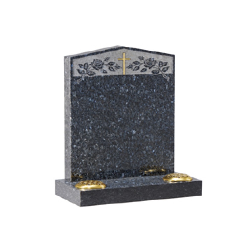 EC35 Blue Pearl Centre Peon headstone with rose and cross design in sandblast panel. EC35 Blue Pearl Centre Peon headstone with rose and cross design in sandblast panel.