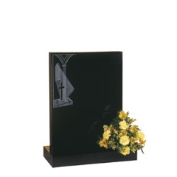EC37 Black Granite square top headstone with church window ornament.