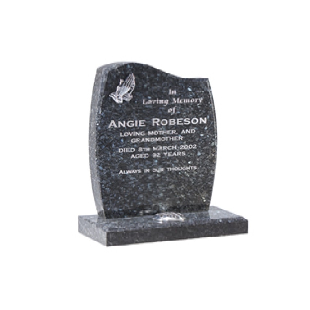 EC4 Blue Pearl Granite headstone. The silver praying hands ornament is optional. EC4 Blue Pearl Granite headstone. The silver praying hands ornament is optional.