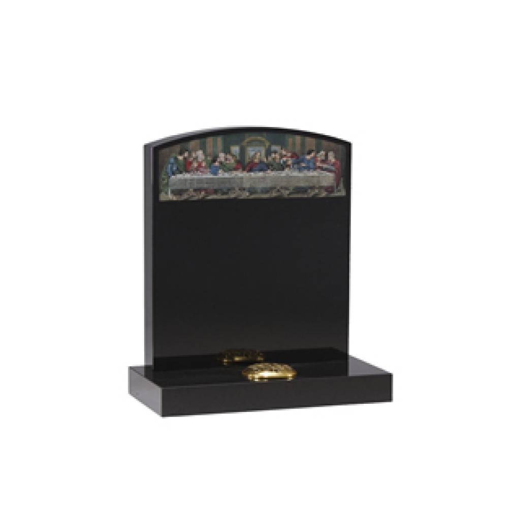 EC42 Black Granite Headstone with etching by skilled craftsmen of Last Supper. EC42 Black Granite Headstone with etching by skilled craftsmen of Last Supper.