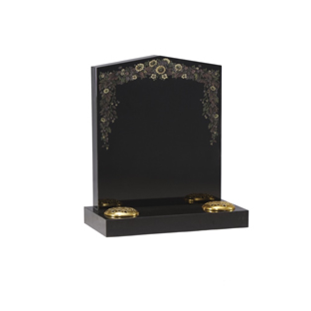 EC45 Black Granite Centre Peon Headstone. A profusion of wild flowers handpainted design. EC45 Black Granite Centre Peon Headstone. A profusion of wild flowers handpainted design.