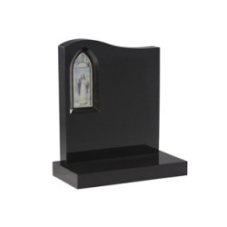 EC47 Black Granite half ogee headstone with a stained glass window in the top left shoulder.