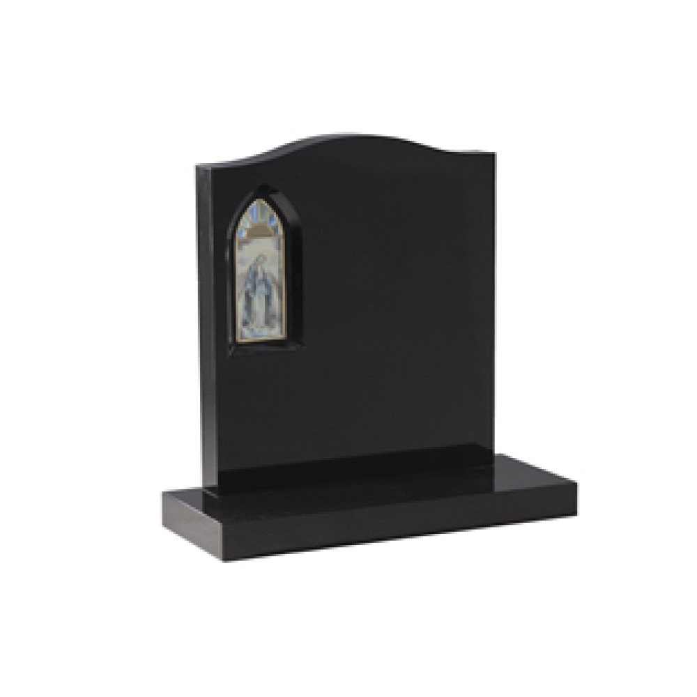 EC49 Black Granite headstone with a stained glass window depicting the Virgin Mary. EC49 Black Granite headstone with a stained glass window depicting the Virgin Mary.