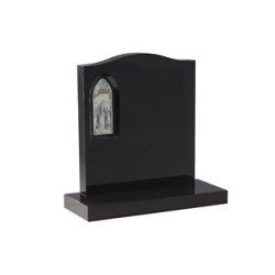 EC49 Black Granite headstone with a stained glass window depicting the Virgin Mary.