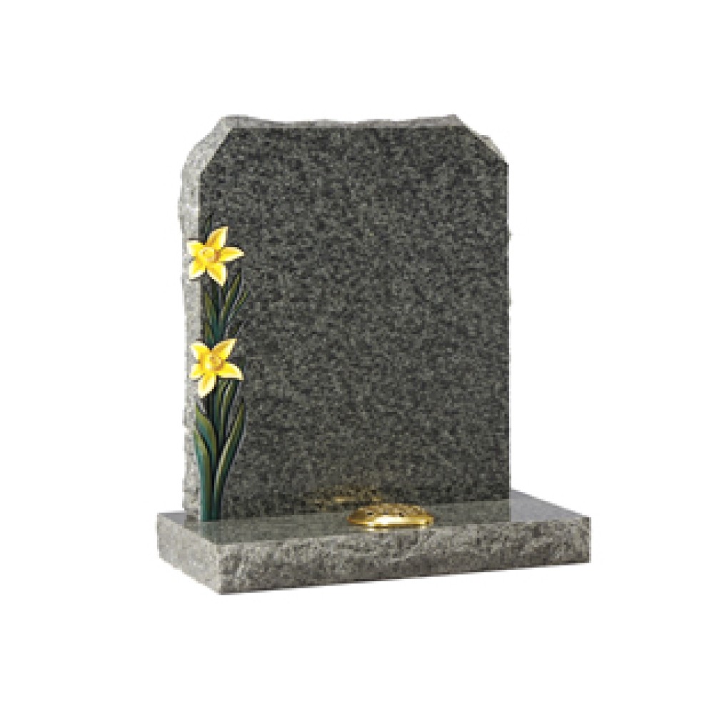 EC67 Green Granite Headstone with rustic edges and coloured highlighted daffodils. EC67 Green Granite Headstone with rustic edges and coloured highlighted daffodils.