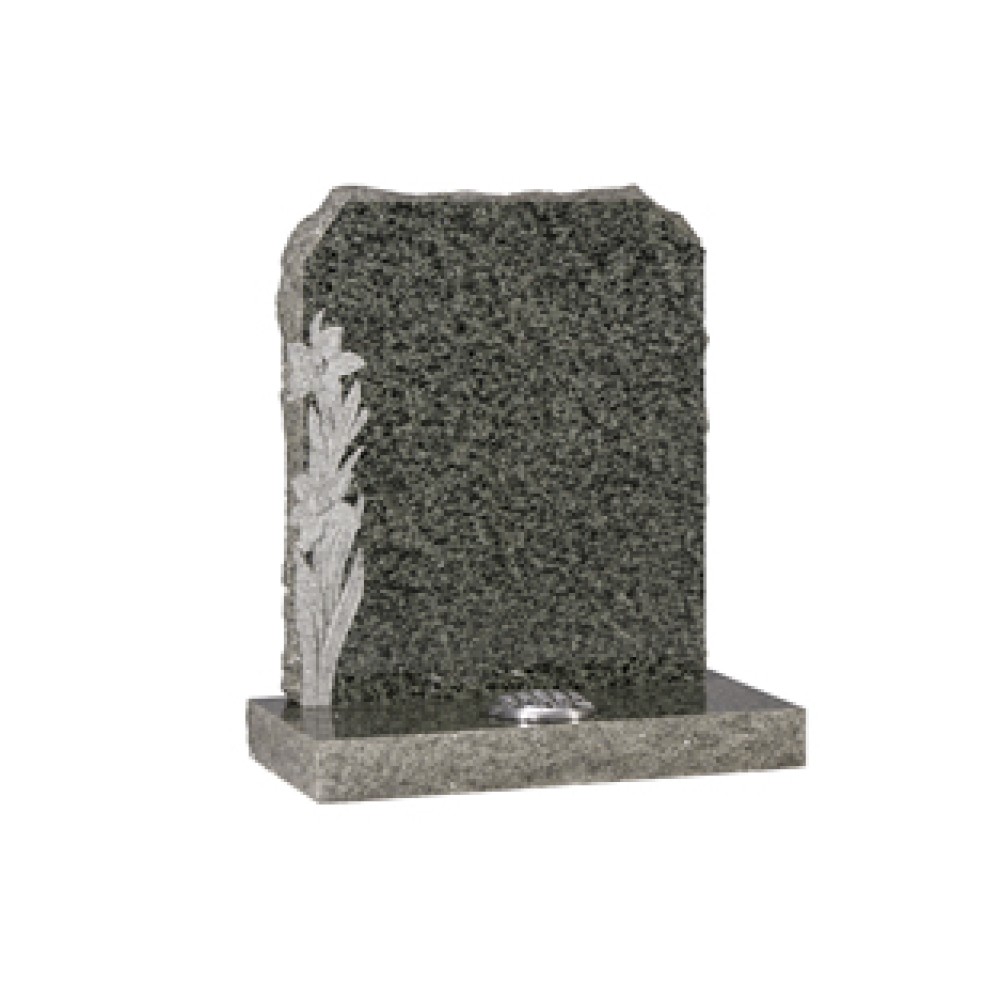 EC68 Green Granite Headstone with rustic edges and hand carved daffodils with natural carved finish. EC68 Green Granite Headstone with rustic edges and hand carved daffodils with natural carved finish.