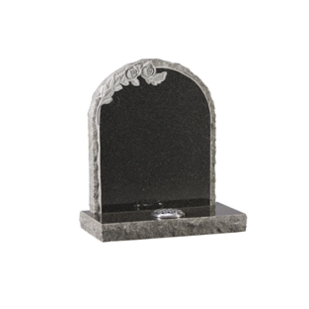 EC69 Dark Grey Granite round top headstone with rustic edges and natural carved roses. EC69 Dark Grey Granite round top headstone with rustic edges and natural carved roses.