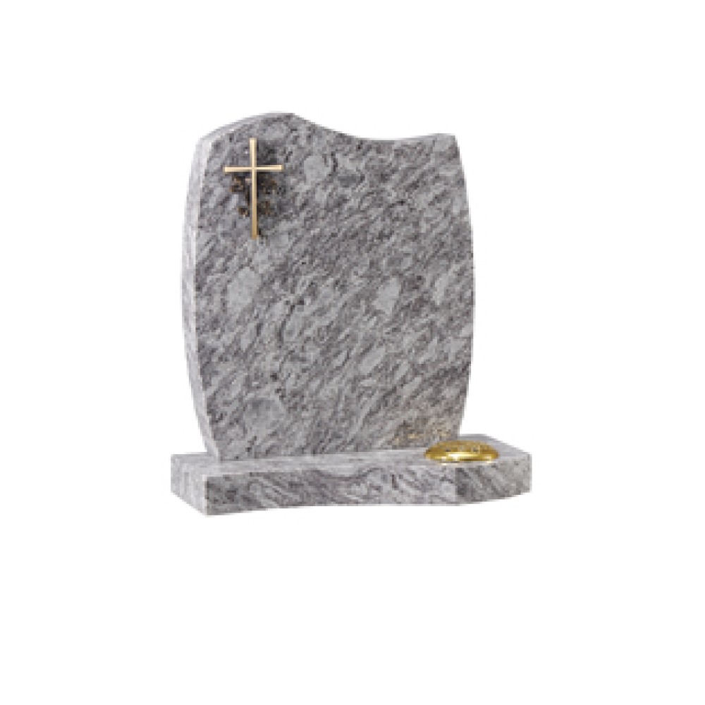 EC7 Lavender Blue Granite headstone with shaped base to match shape of headstone. With bronze cross ornament. EC7 Lavender Blue Granite headstone with shaped base to match shape of headstone. With bronze cross ornament.