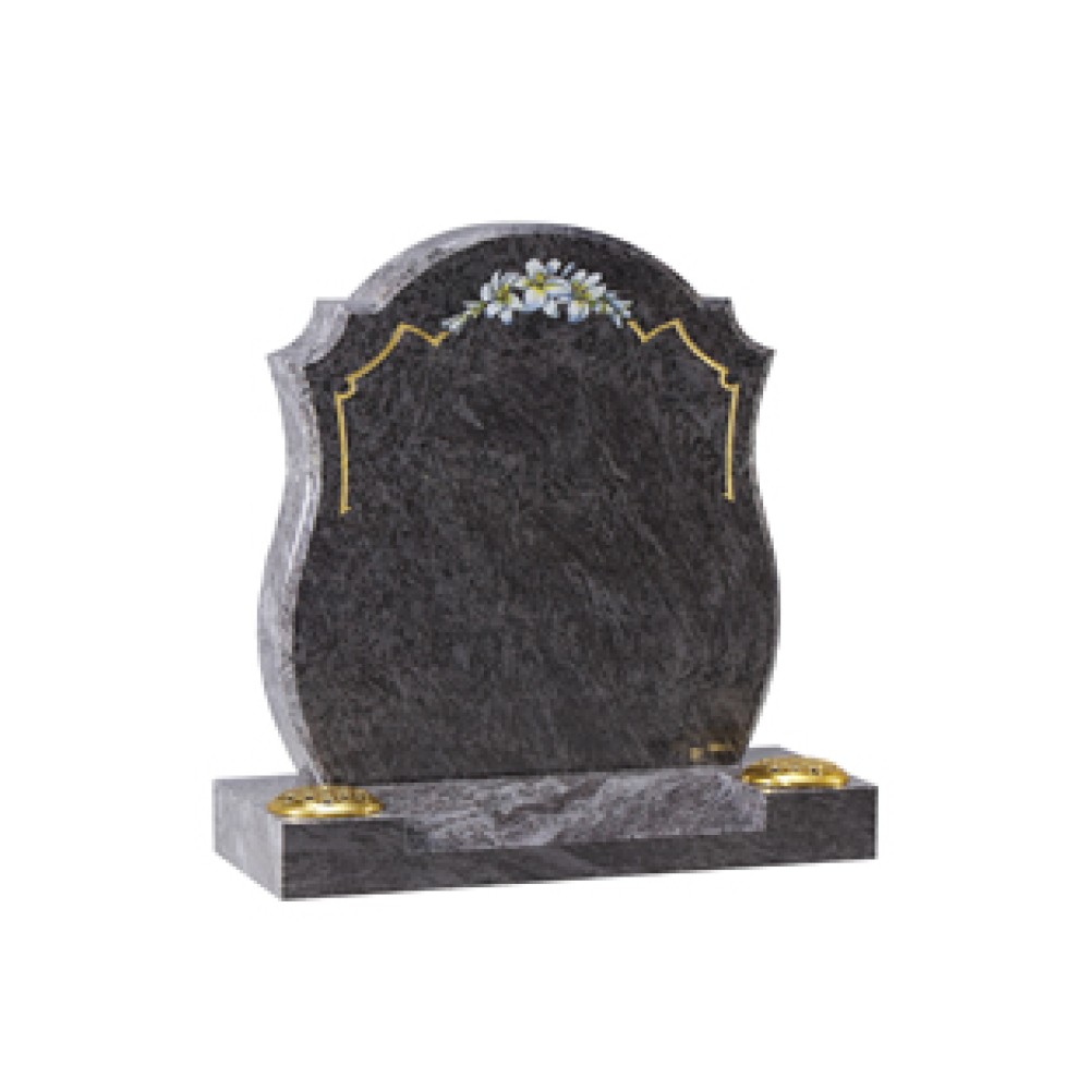 EC8 Bahama Blue Granite headstone with rounded sides with chamfers. Centre splay base. EC8 Bahama Blue Granite headstone with rounded sides with chamfers. Centre splay base.